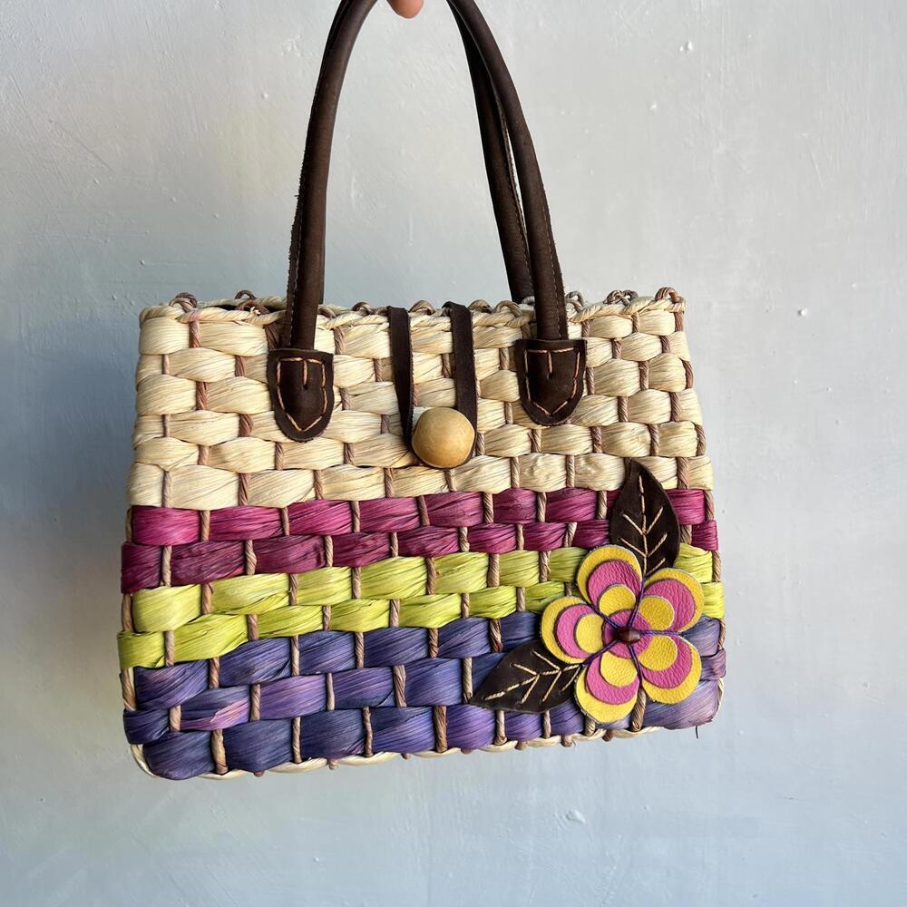 Vintage Handmade Women's Woven Straw Shoulder Bag Purse Beach Bag Leather Handle